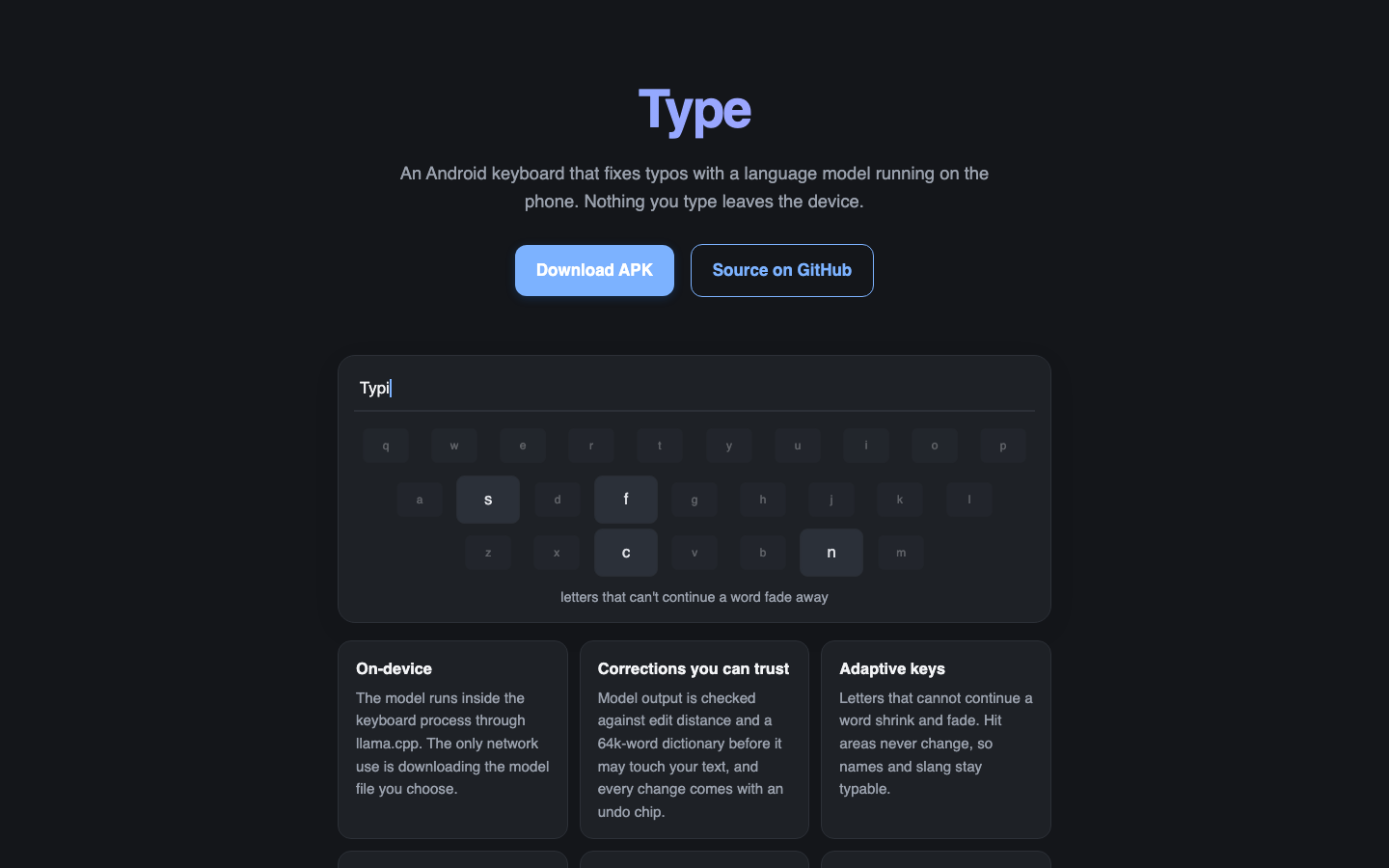 Type landing page with the live keyboard demo, adaptive keys fading as a word is typed